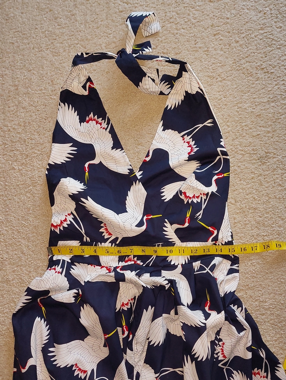 Unique Vintage Halter Crane Button Navy White Midi Dress Sz L - Picture 12 of 15